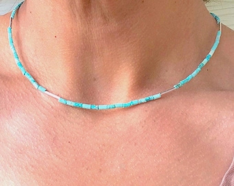 Turquoise and Sterling Silver Choker: Beaded Boho Necklace