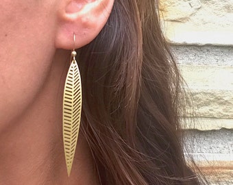 Brass Dangle Earrings for Women in Geometric Leaf Shape, Long and Lightweight, Thin Modern Earrings, Jewelry Gifts