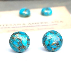 Turquoise Stud Earrings, Gifts for Women, Composite Stone with Gold, Round Blue, Simple Boho Jewelry, Southwest image 1