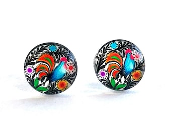 Colorful Glass Studs, El Gallo, Mexican Earrings, Unique Stud with Rooster, Ethnic Gifts for Women
