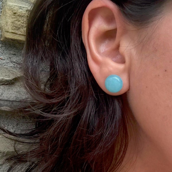 Amazonite Stone Studs, Light Blue Aqua Color, Big and Round, 12mm on Stainless Steel, Bright