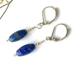 Lapis Stone Drop Earrings, Blue Dangle for Women, Small Gifts, Sterling and Stone Jewelry, Leverback, Lazuli