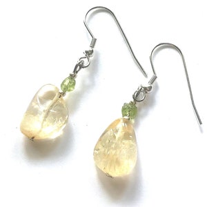 Citrine and Peridot Earrings, Natural Stone Dangle, Pale Yellow and Green, Gifts for Women