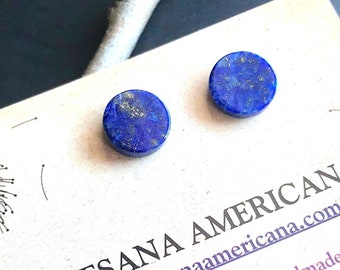Lapis Coin Earrings, Flat Round Stud Earrings with Natural Stones, Lapis Lazuli Studs, Gifts for Men or Women