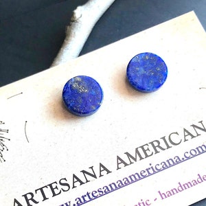 Lapis Coin Earrings, Flat Round Stud Earrings with Natural Stones, Lapis Lazuli Studs, Gifts for Men or Women