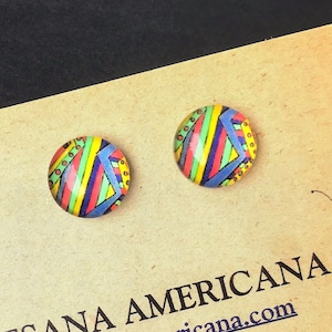 Colorful Stud Earrings, Bold and Unique Mixed Print, Round Glass 12mm Stud, Ethnic, Stainless Steel Posts