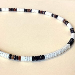 Earthy Beaded Necklace for Men, Boho Dark Stone, Natural Gifts, Brown White Hippie Tribal