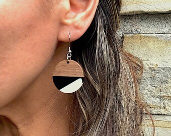 Wood and Resin Dangle Earrings, Geometric Color Block, Unique, Maximalist Jewelry Gifts