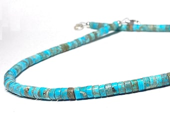 Boho Sea Sediment Jasper Necklace: Turquoise Heishi Beads, Sterling Silver Clasp