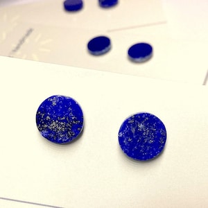 Lapis Coin Earrings, Flat Round Stud Earrings with Natural Stones, Lapis Lazuli Studs, Gifts for Men or Women