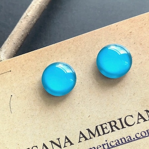 Turquoise Glass Studs, Bright Round Stud Earrings on Stainless Steel, Teal Blue, Unisex
