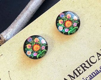 Floral Print Earrings, Mexican Style Studs Made with Glass and Stainless Steel, Orange and Black Flower, Gifts