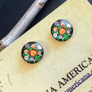 Floral Print Earrings, Mexican Style Studs Made with Glass and Stainless Steel, Orange and Black Flower, Gifts