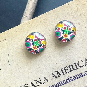 Boho Stud Earrings with Multicolor Print, Glass on Stainless Steel, Unique Small Gifts for Women