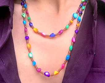 Extra Long Shell Beaded Necklace: Handmade Multicolor Strand