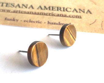 Tigers Eye Earrings in Flat Coin Shape, Studs for Men or Women, Brown Stone Jewelry, Round 10mm on Stainless Steel Posts, Gifts