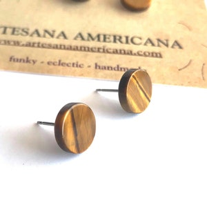 Tigers Eye Earrings in Flat Coin Shape, Studs for Men or Women, Brown Stone Jewelry, Round 10mm on Stainless Steel Posts, Gifts