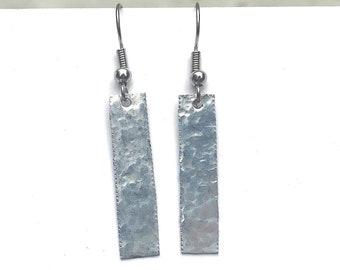 Hammered Tin Earrings, Simple Dangle Earrings, Rustic Boho Jewelry, Gifts for Women, Silver Rectangle