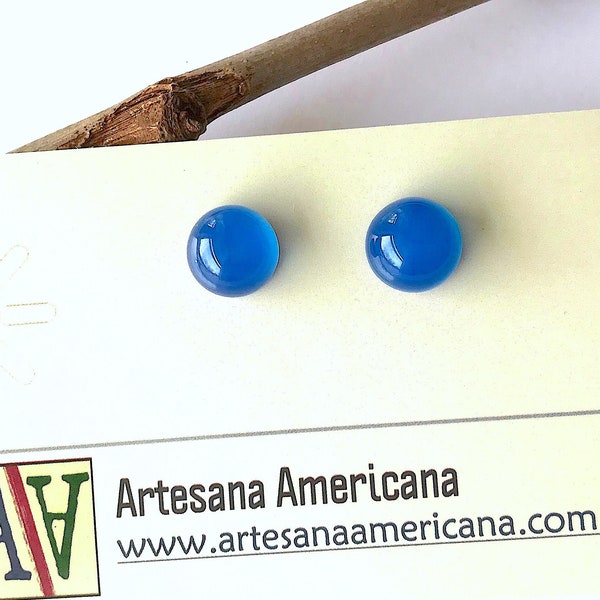 Blue Agate Stud Earrings, Simple Round for Men or Women, Minimalist, Bright Stone