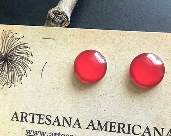 Handmade Scarlet Red Glass Stud Earrings, Stainless Steel (12mm)