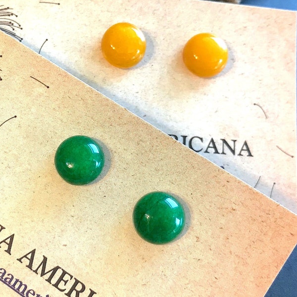 Jade Stone Earrings in Green or Yellow, Studs for Women, Round and Simple, Bright, Good Luck