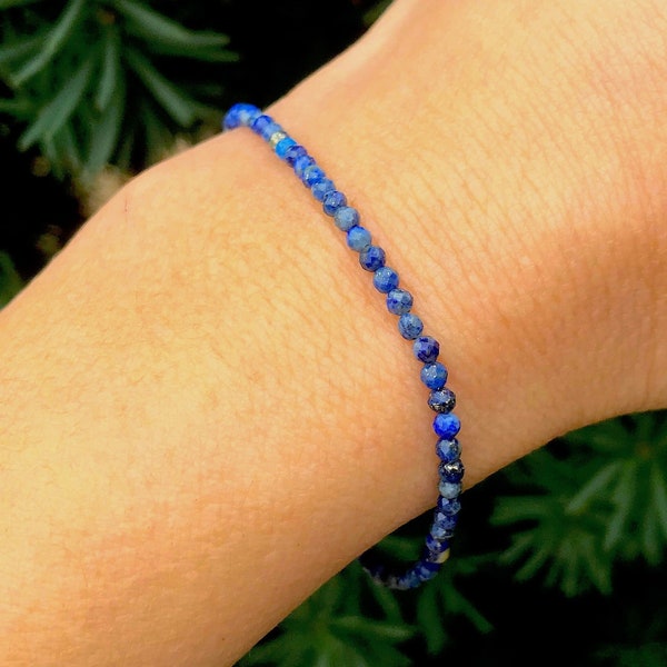 Tiny Lapis Stretch Bracelet, Faceted Gemstones, Blue Stone, Dainty Gifts for Women, Lazuli Stone