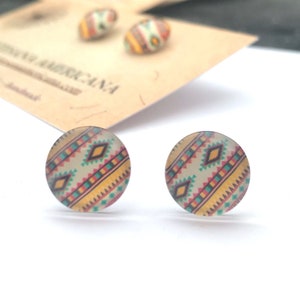 CLEARANCE Studs with Southwestern Print, Round Glass on Stainless Steel, Multicolor Pattern, Unique Boho Earrings