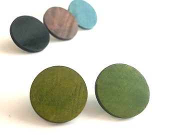Large Wood Disk Earrings, Oversized and Rustic, Flat Big Wooden Studs in Brown, Black, Blue and Green Color, Unique Statement, Gifts