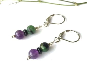 Drop Earrings with Mixed Gemstones, Green and Purple, Unique Small Dangle, Jewelry Gifts, Sterling Lever Backs