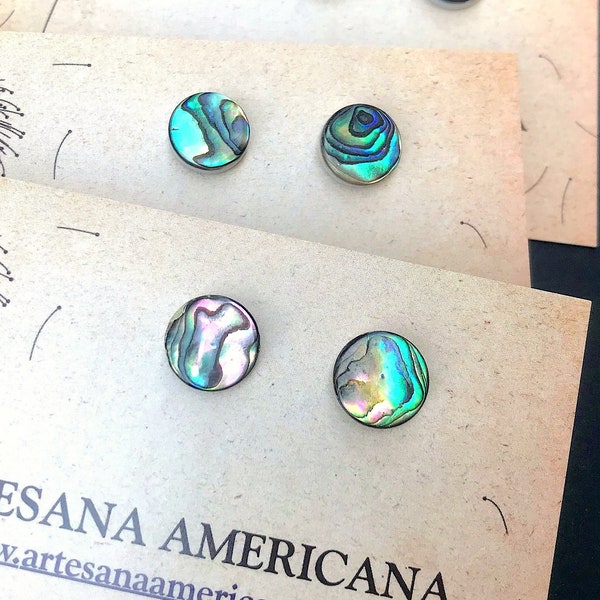 Abalone Shell Earrings, Coin Shape Studs on Stainless Steel, Unique Gifts for Women or Men, Beach