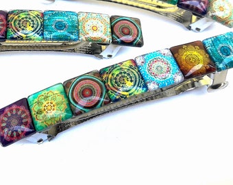 Bohemian Hair Barrette with Mixed Pattern Glass Tiles, Unique Gifts for Women, Colorful Boho Accessories, Multicolor Clip