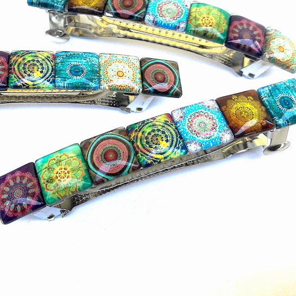 Bohemian Hair Barrette with Mixed Pattern Glass Tiles, Unique Gifts for Women, Colorful Boho Accessories, Multicolor Clip