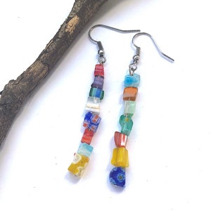 Millefiori Glass Earrings, Colorful Dangle Earrings, Multicolor, Blown Glass, Beads, Chips, Italian Glass, on Silver Hooks, Colored, Gift