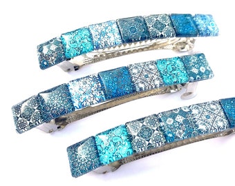 Blue Hair Barrette for Women, Unique Gifts, Glass Tiles with Mixed Patterns, Accessories for Her, Boho Clips