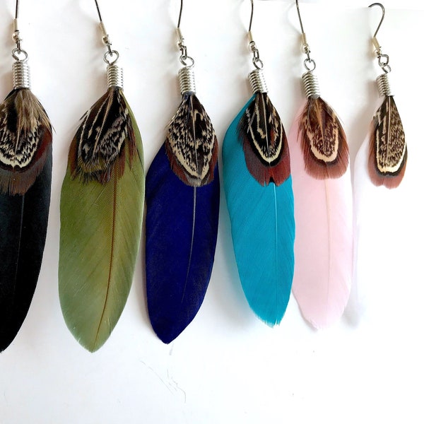 Real Feather Earrings, 6 Colors Available, Dangle Earring with Natural Feathers, Teal Blue, Black, White Pink, Boho Jewelry, Festival