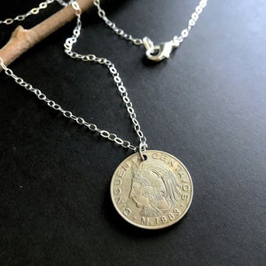 Vintage Mexican Coin Necklace with Sterling Silver Chain, Cuauhtemoc Pendant, Aztec, Rustic Unique Jewelry