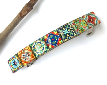 Glass Hair Barrette with Spanish Tile Designs, Mixed Colors and Patterns, Boho Accessories, Unique Gifts for Women