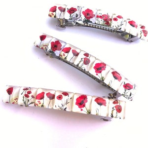 Flower Hair Barrette with White and Red Colors, Glass Tiles with Mixed Floral Prints, Square Tiles, Unique Gifts for Women, French Clip