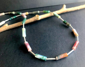 Beaded Agate Stone Necklace with Sterling Silver Tubes, Mixed Color Stones, Boho Gifts for Women, Mom