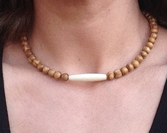 Earthy Wood Bead Choker Necklace, Bone Accent, Rustic Hippie Jewelry