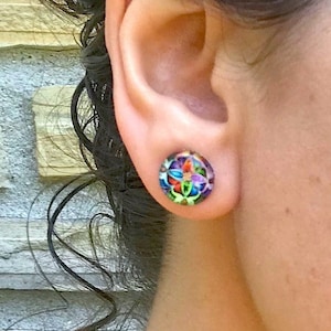 Colorful Glass Stud Earrings, Bright and Bold Print, Geometric and Round, Mixed Colors, Big