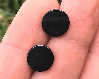 Onyx Stud Earrings, Flat Round Stones on Stainless Steel, Plain Black, For Men or Women, Simple Earrings