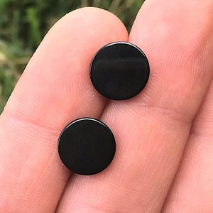 Onyx Stud Earrings, Flat Round Stones on Stainless Steel, Plain Black, For Men or Women, Simple Earrings