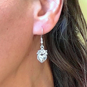 Little Heart Earrings, Floral Sacred Hearts Dangle, Silver Alloy, Lightweight and Small, Mexican