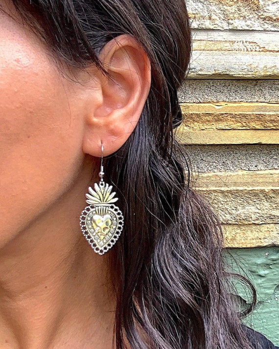 Mexican Sacred Heart Earrings, Milagro Dangle, Large Silver Charm, Gifts for Women, Corazon