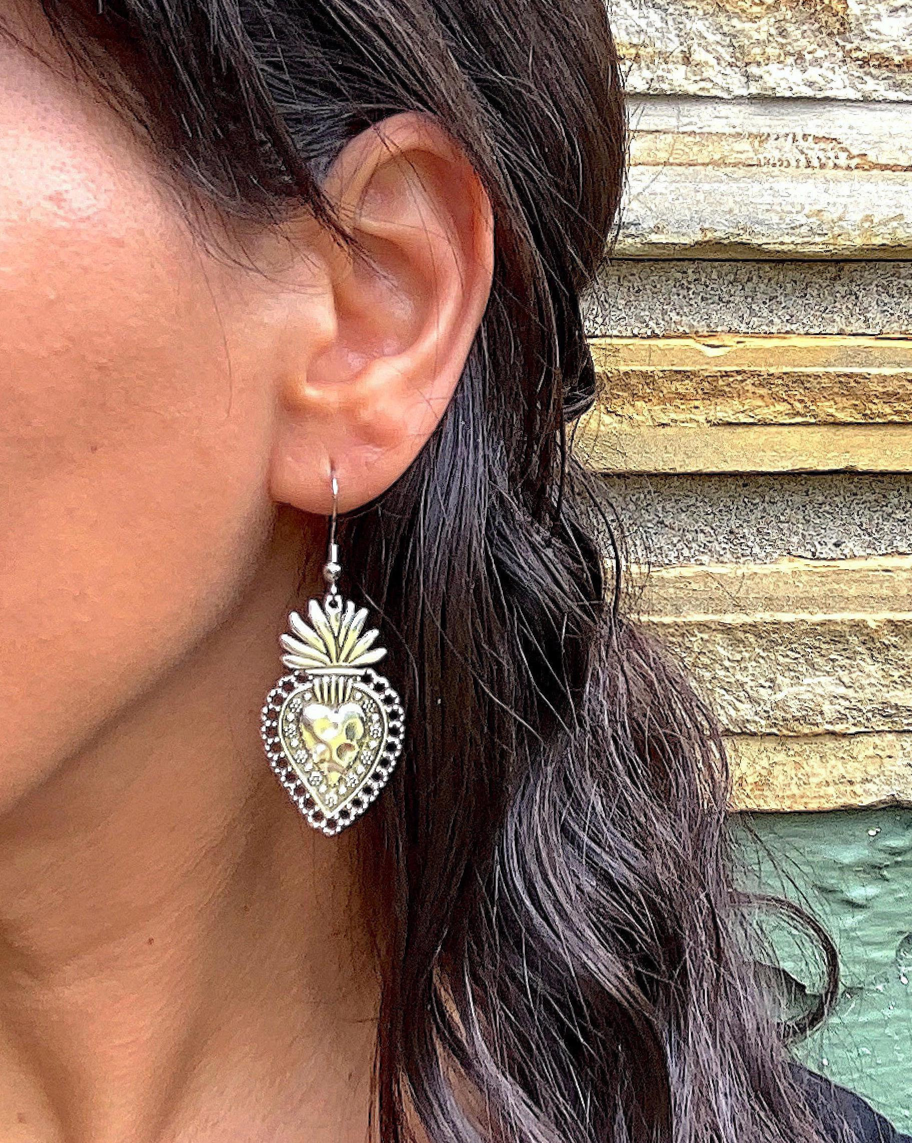 Mexican Sacred Heart Earrings, Milagro Dangle, Large Silver Charm