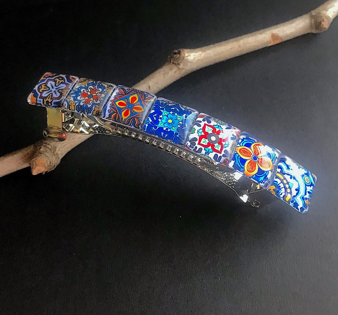 Glass Hair Barrette with Spanish Tile Designs Mixed Colors Etsy