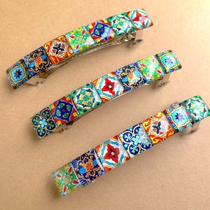 Glass Hair Barrette with Spanish Tile Designs, Mixed Colors and Patterns, Boho Accessories, Unique Gifts for Women image 7