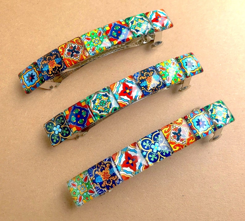 Glass Hair Barrette with Spanish Tile Designs, Mixed Colors and Patterns, Boho Accessories, Unique Gifts for Women image 7