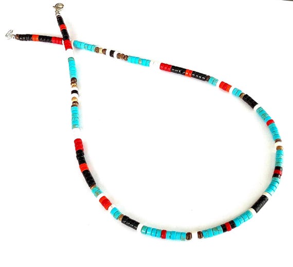 Beaded Southwest Necklace: Turquoise, Onyx & Red Stone - Sterling Silver